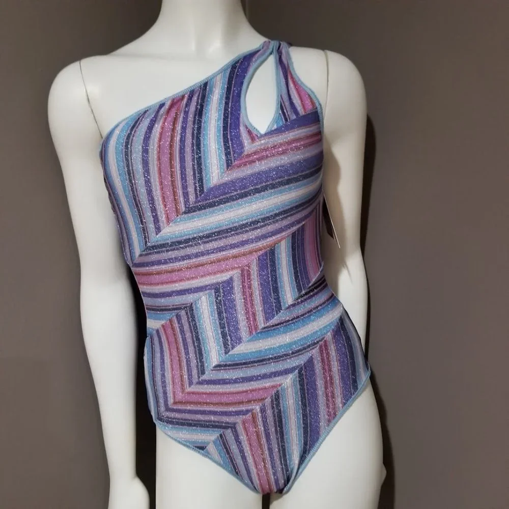 Becca South Coast Printed Metallic Asymmetrical One-Piece Swimsuit Size Small